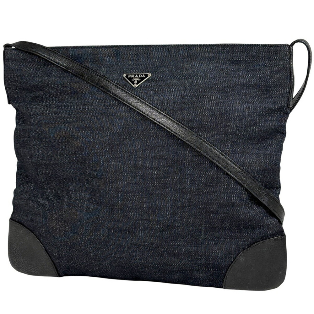 Prada Logo Plate Shoulder Bag Crossbody Canvas Navy Blue Black